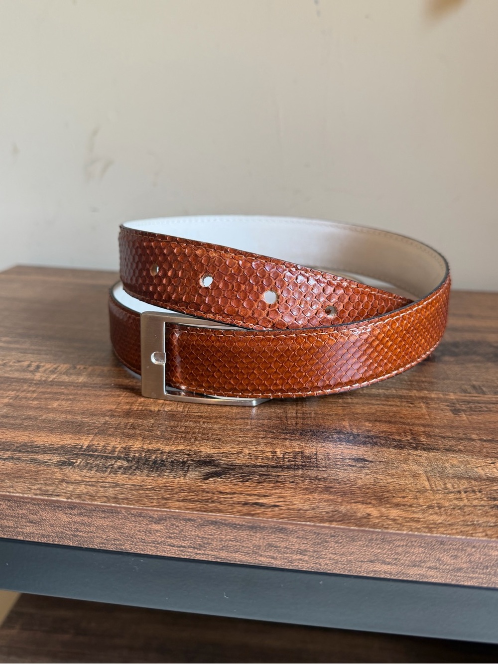 Belt | Genuine Snakeskin Belt Cognac Calfskin Leather Silver Buckle